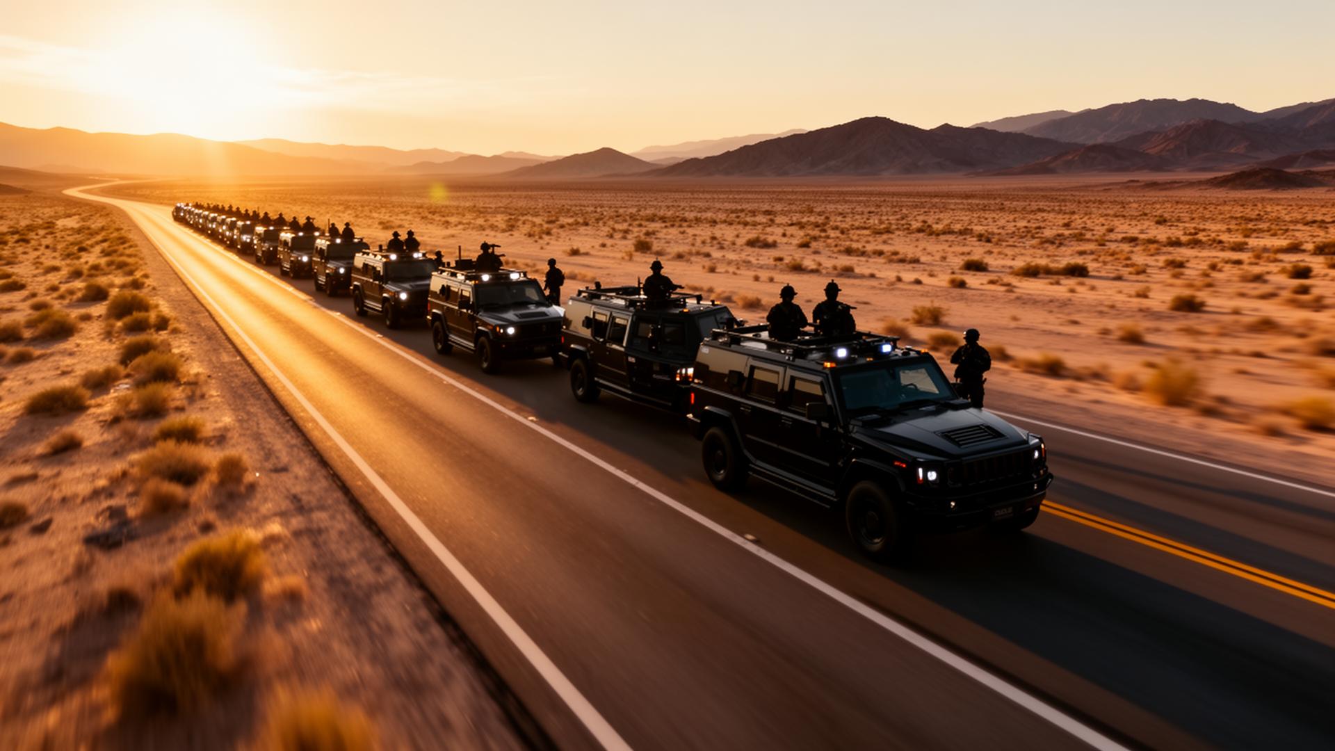 Armored security convoy at golden hour